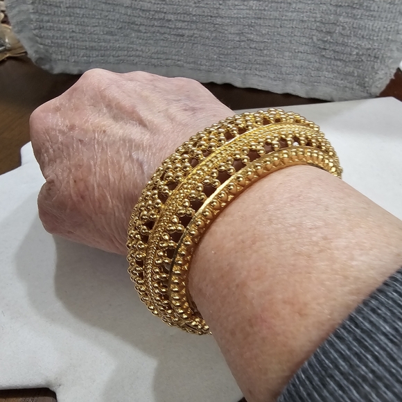 Golden Hinged Domed Cuff Bracelet with Safety Clasp Ornate Heavy - Picture 9 of 16